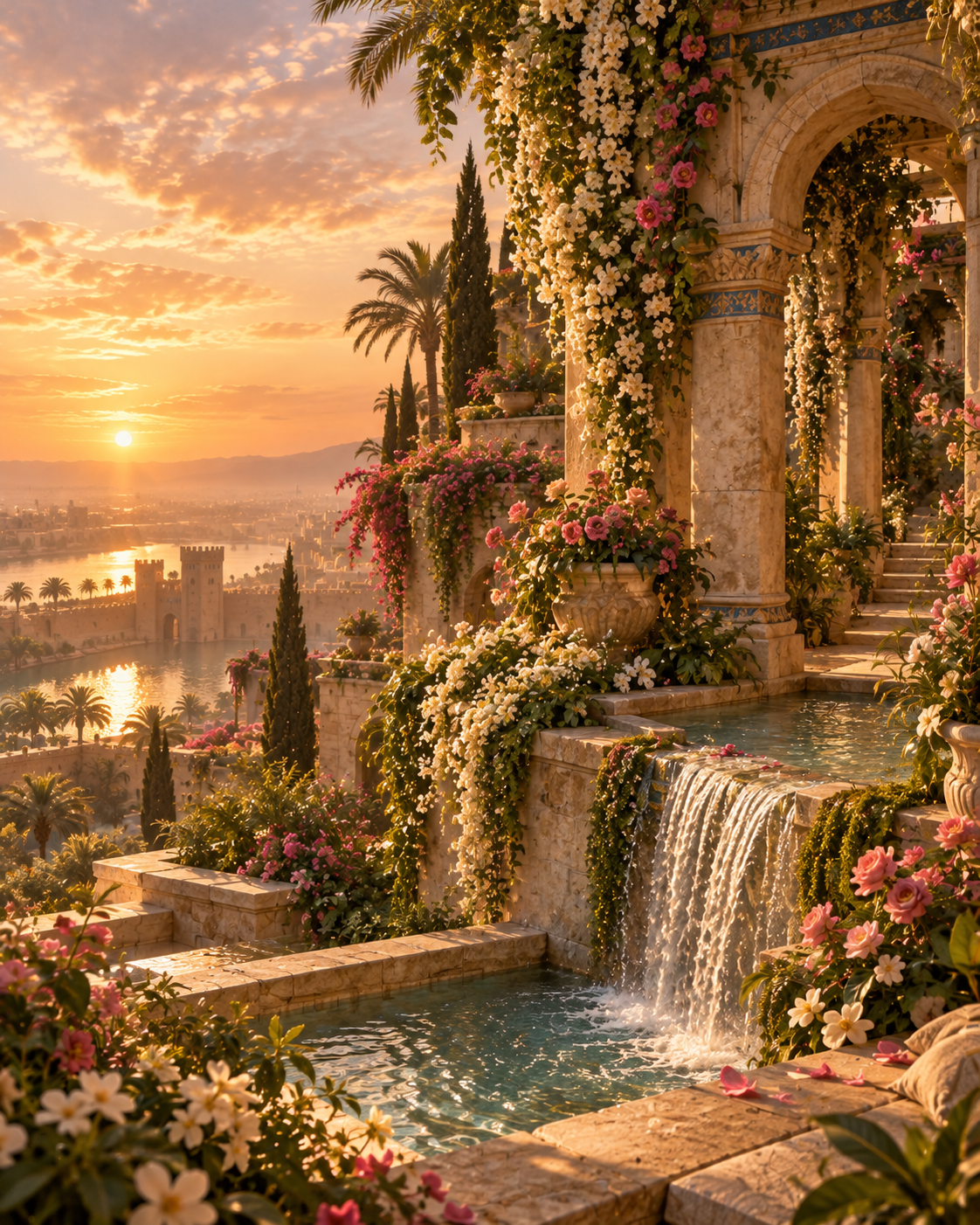 A poetic visual interpretation inspired by the Hanging Gardens of Babylon, with flowers and cascading water